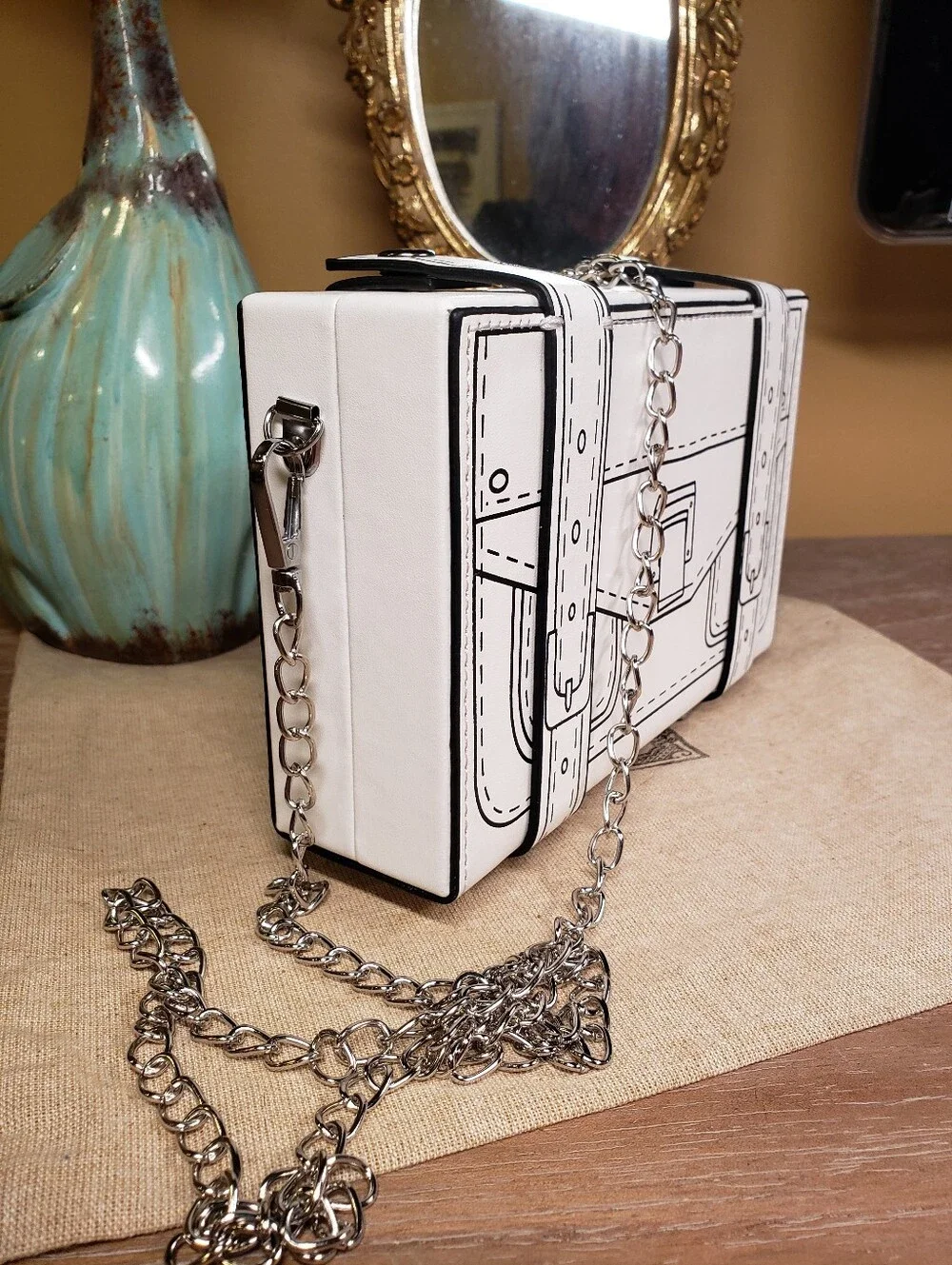 White Cartoon-Style Clutch / Crossbody Bag w/ Chain Strap & Matching Watch NWT!